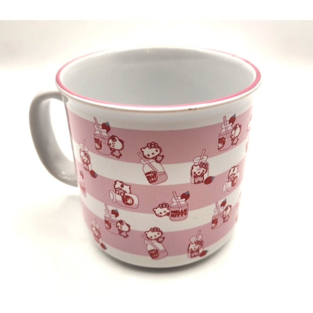 Hello Kitty Sanrio Stripe Strawberry Milk Bottle Toss Pink White 20oz Mug